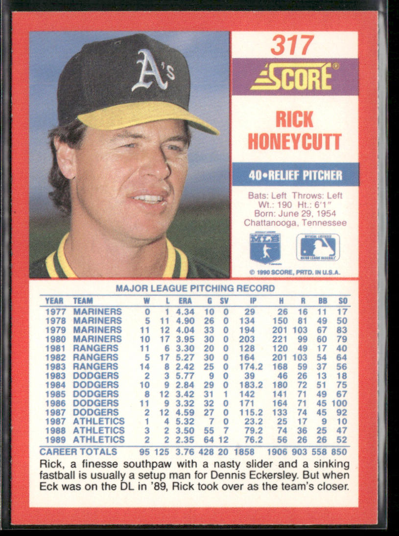 Rick Honeycutt 1990 Score #317 Oakland Athletics