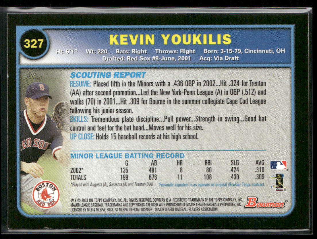 Kevin Youkilis 2003 Bowman Gold #327 RC Boston Red Sox back