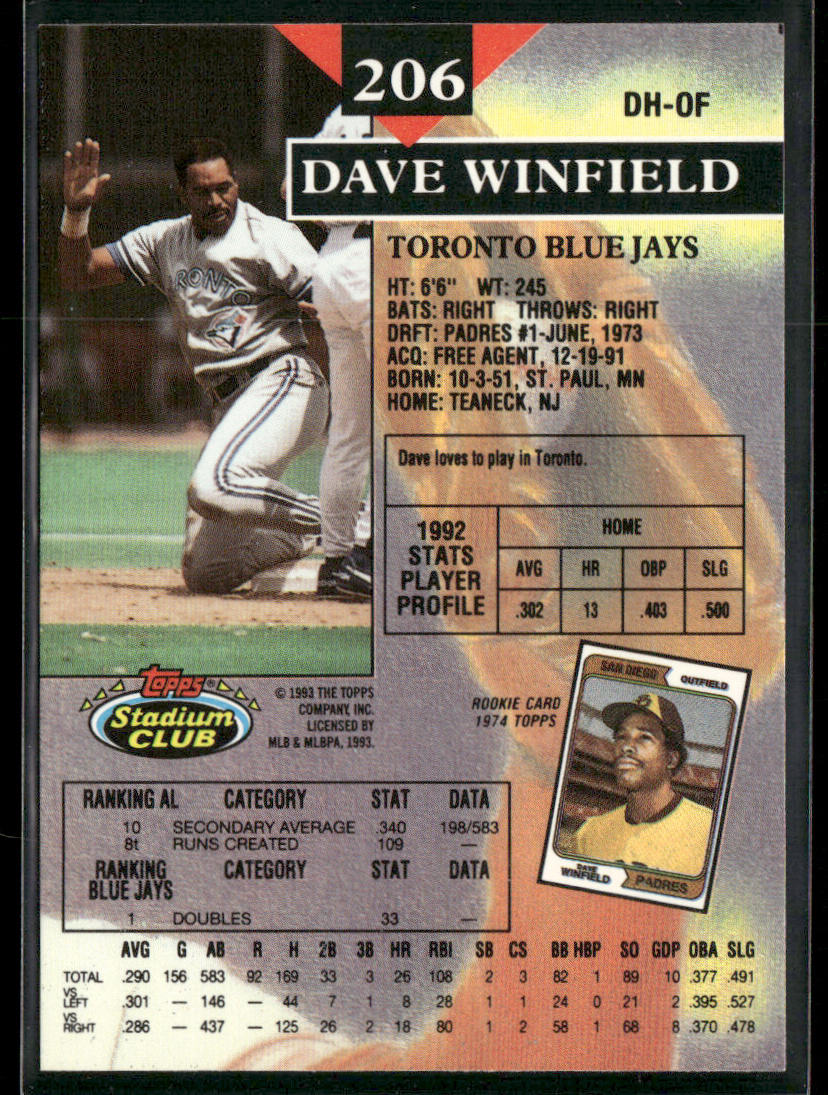 Dave Winfield 1993 Stadium Club #206 Toronto Blue Jays