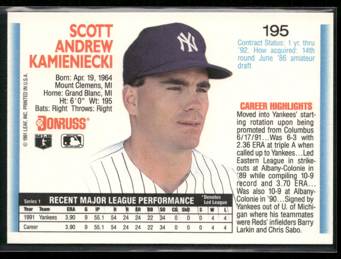 Scott Kamieniecki 1992 Donruss #195b New York Yankees back