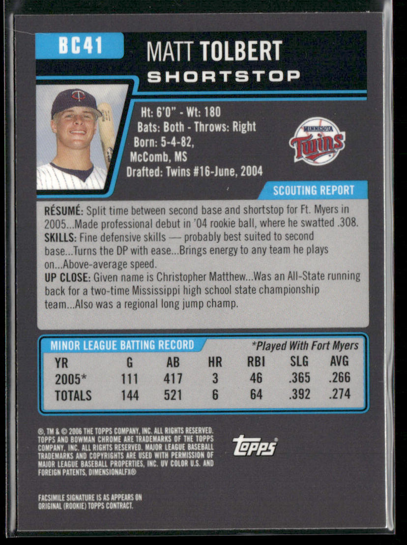 Matt Tolbert 2006 Bowman Chrome Prospects #BC41 Minnesota Twins