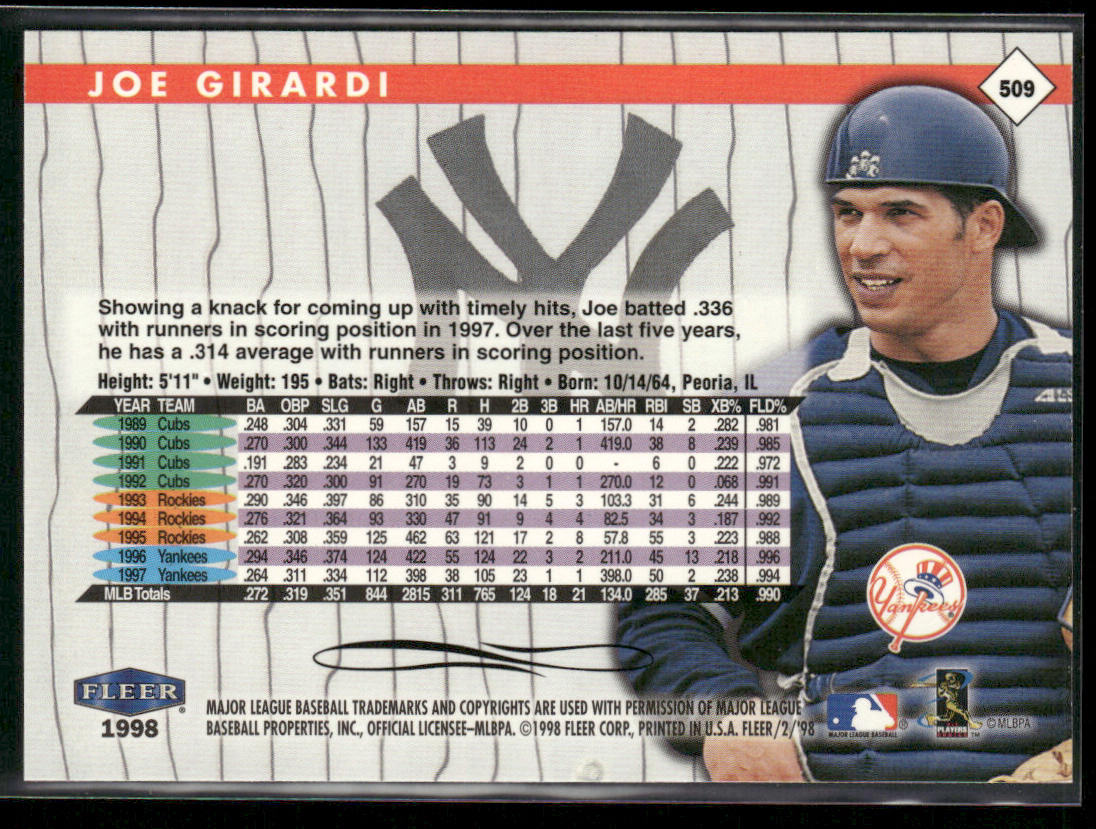 Joe Girardi 1998 Fleer Tradition #509 New York Yankees back