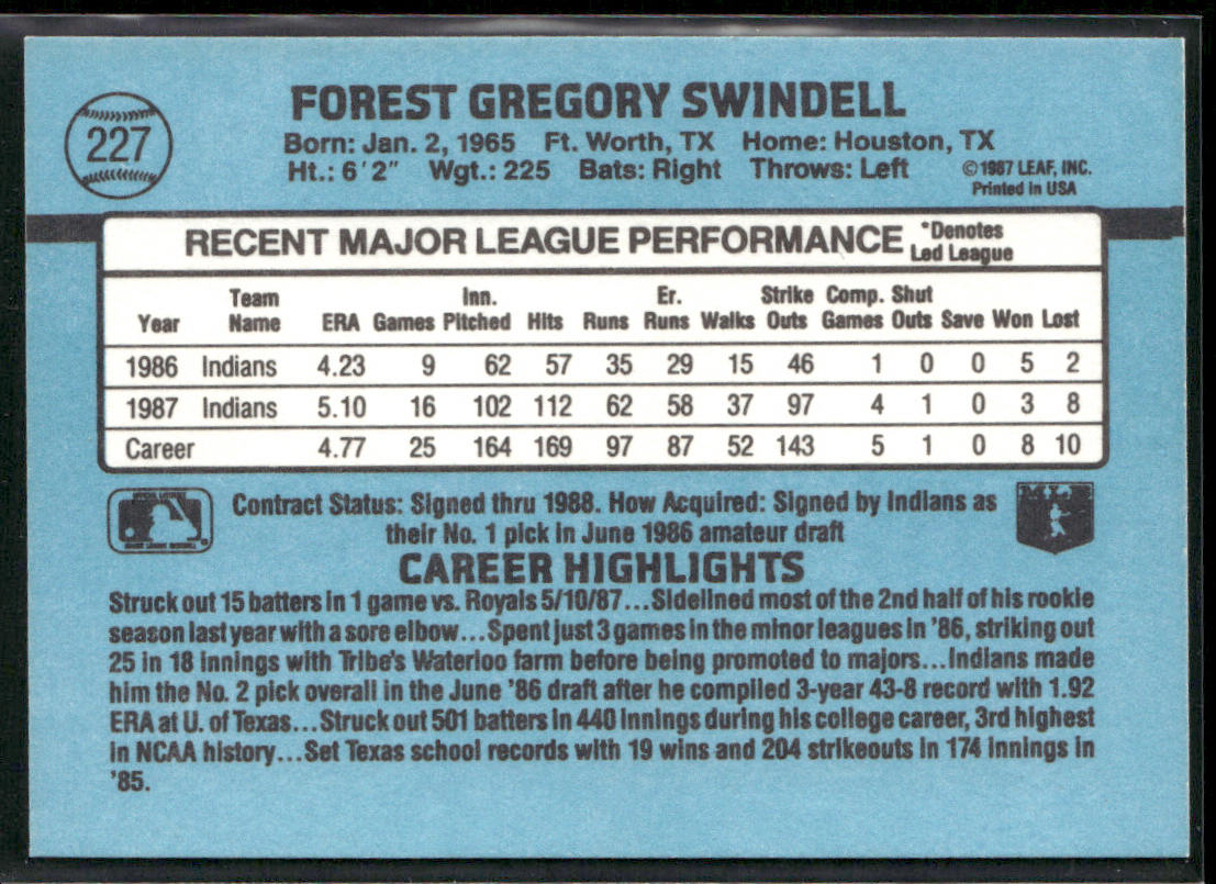 Greg Swindell 1988 Donruss #227c Cleveland Indians