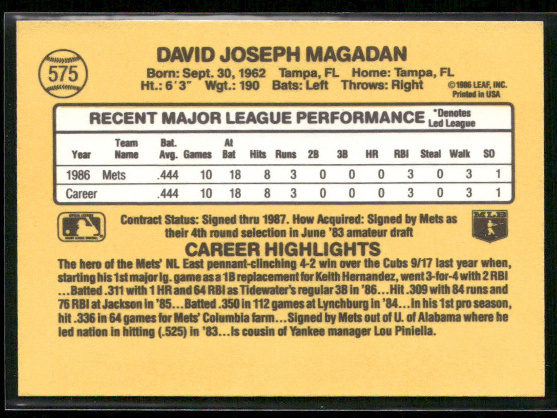Dave Magadan 1987 Donruss #575 RC New York Mets back