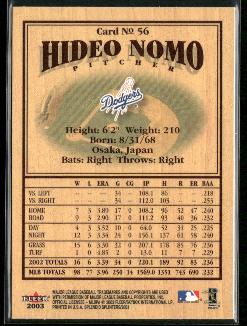 Hideo Nomo 2003 Fleer Splendid Splinters #56 Los Angeles Dodgers