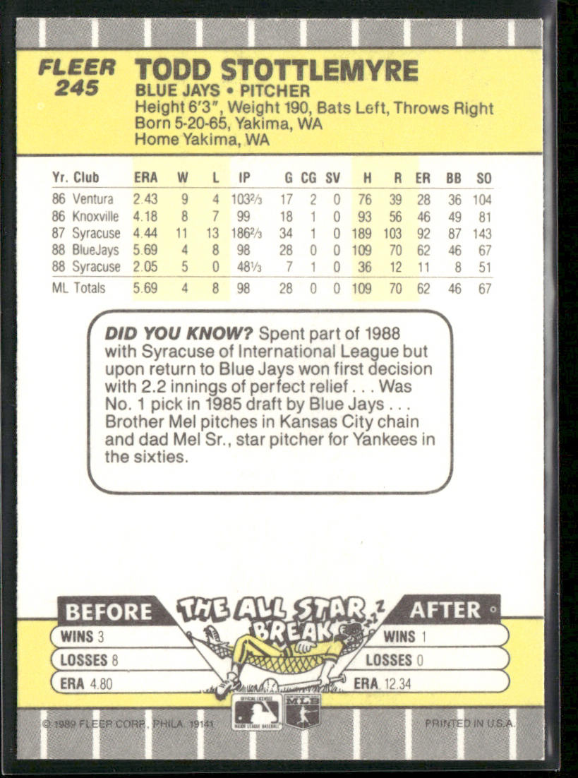 Todd Stottlemyre 1989 Fleer #245 Toronto Blue Jays