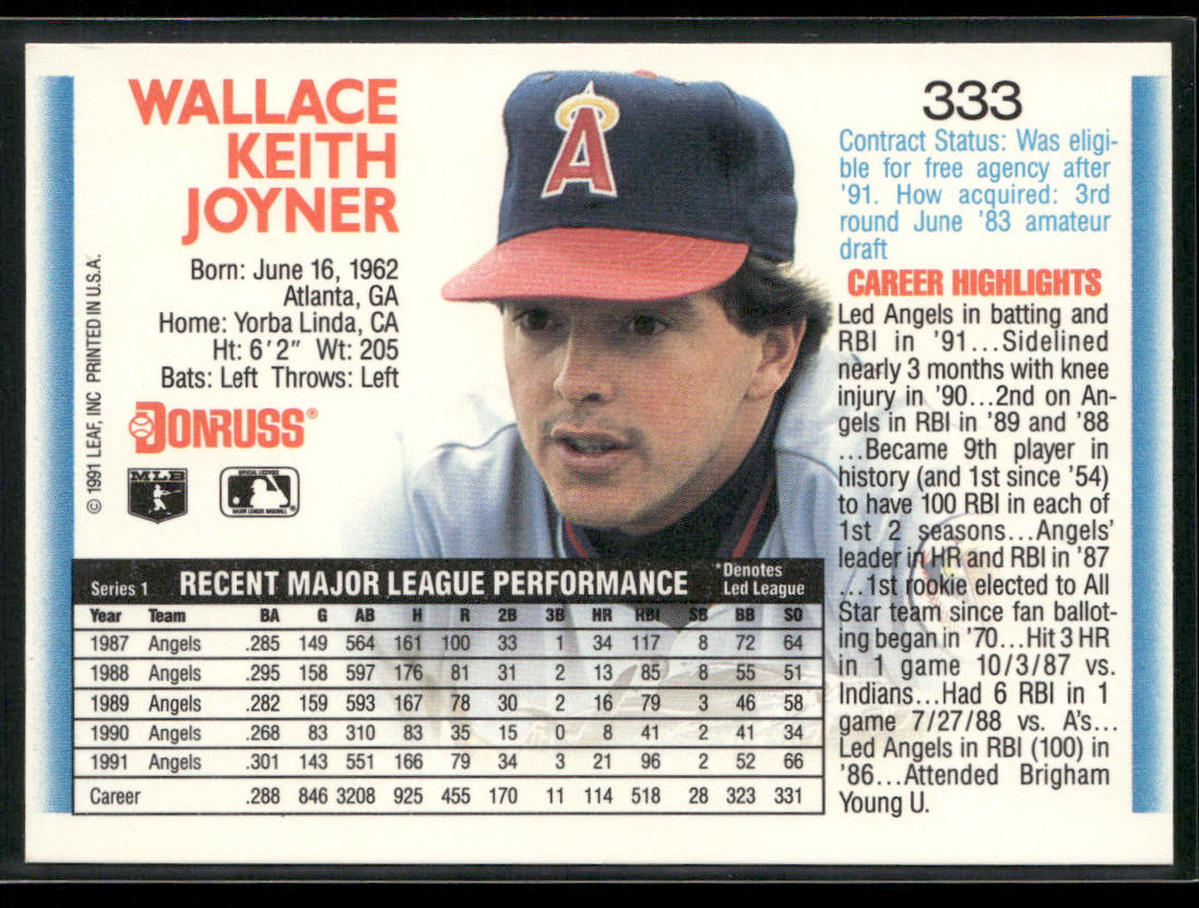 Wally Joyner 1992 Donruss #333 California Angels back