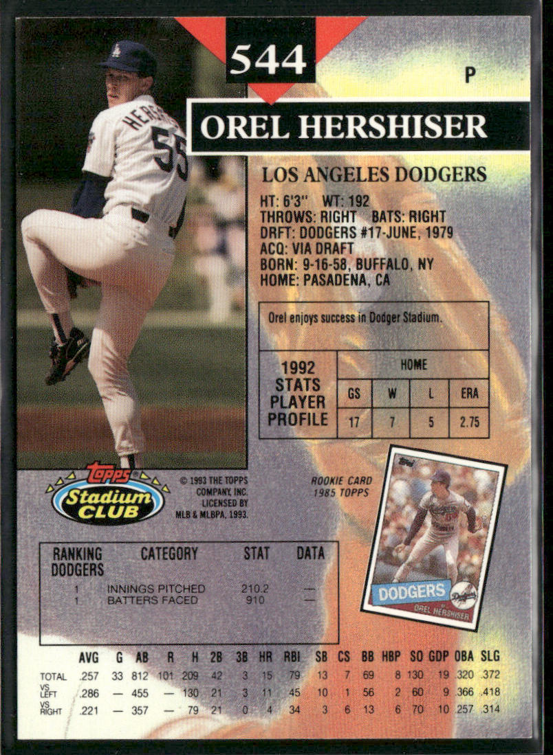 Orel Hershiser 1993 Stadium Club #544 Los Angeles Dodgers