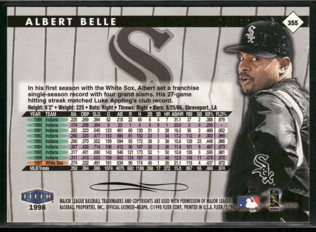 Albert Belle 1998 Fleer Tradition #355 Chicago White Sox back