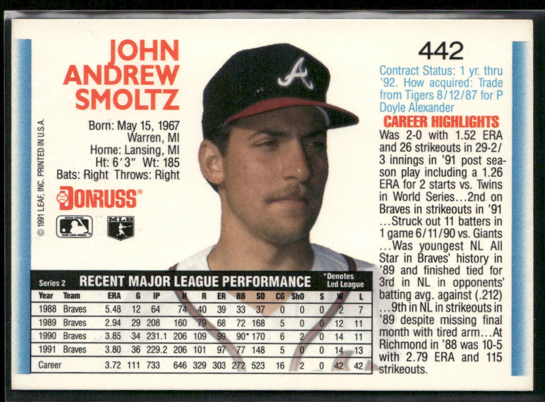 John Smoltz 1992 Donruss #442b Atlanta Braves
