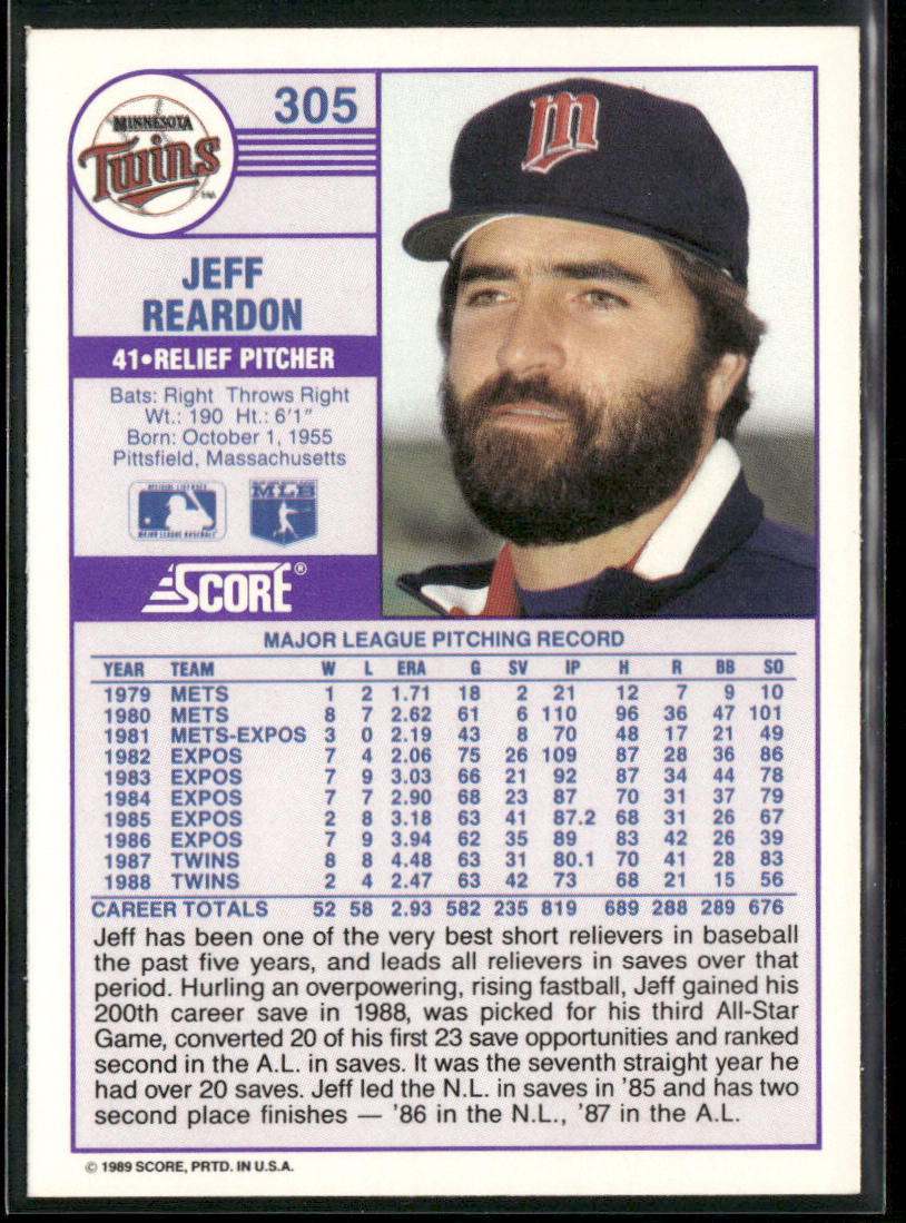 Jeff Reardon 1989 Score #305 Minnesota Twins