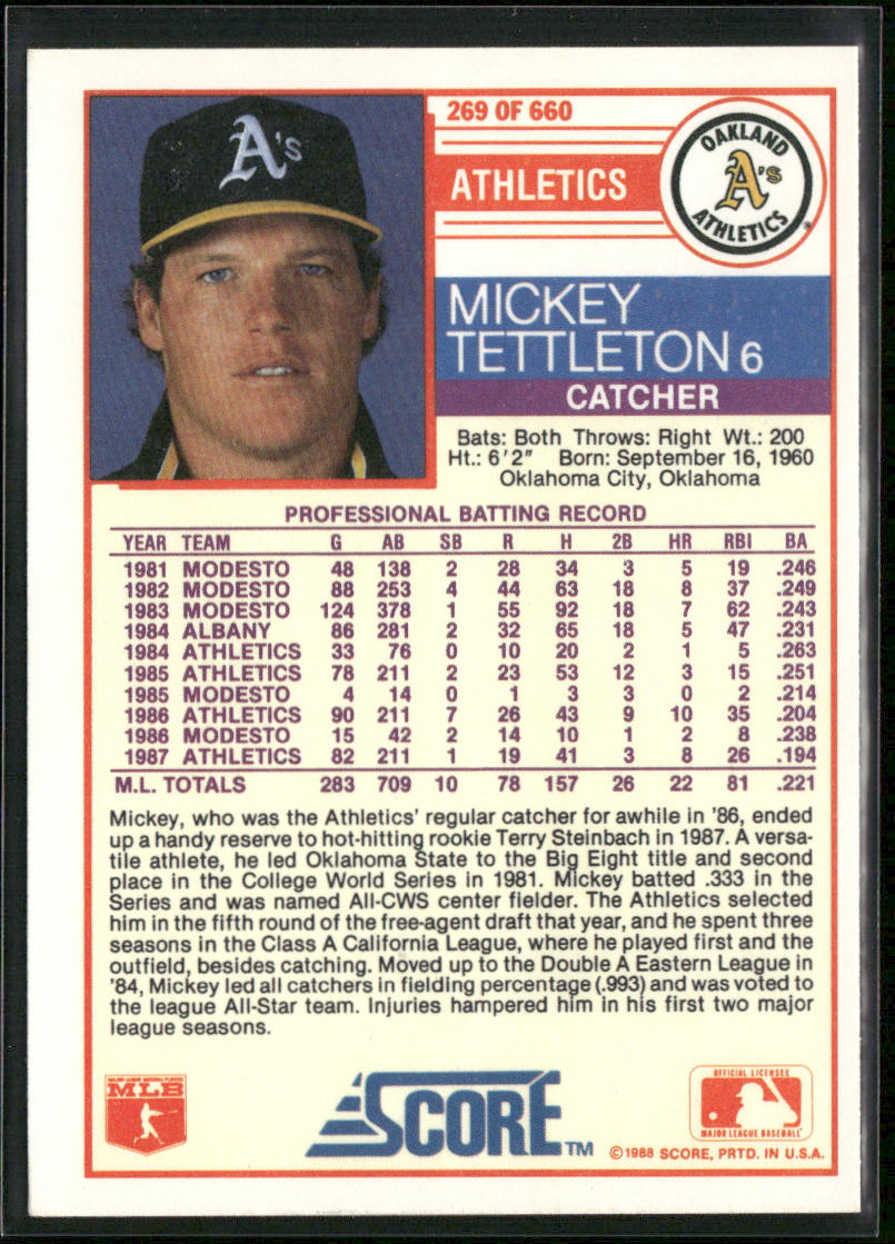 Mickey Tettleton 1988 Score #269 Oakland Athletics