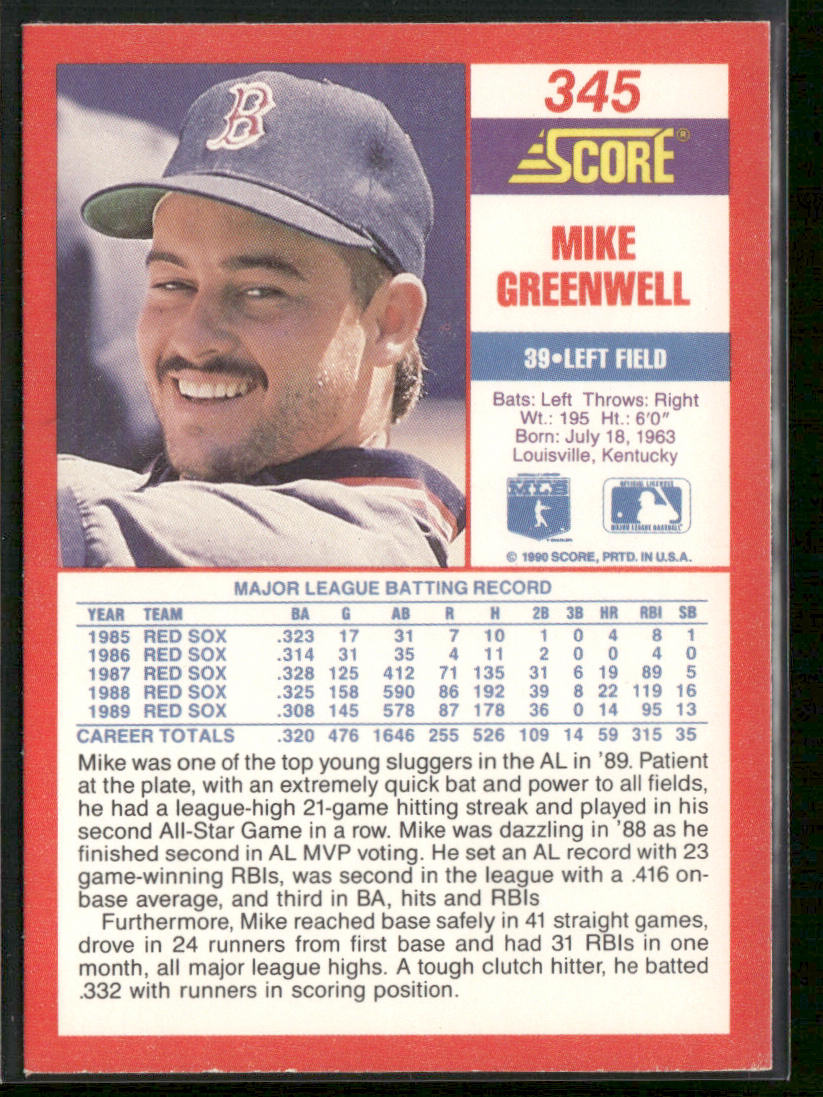 Mike Greenwell 1990 Score #345 Boston Red Sox