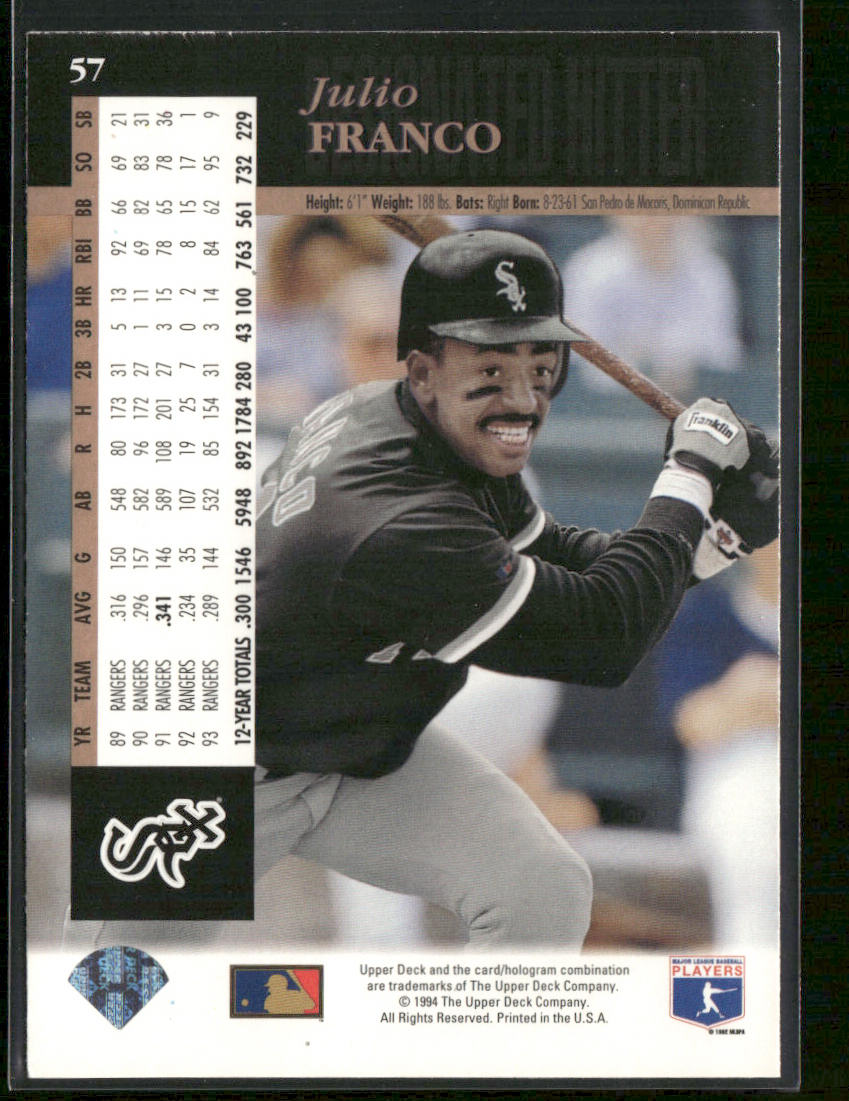 Julio Franco 1994 Upper Deck #57 Chicago White Sox back