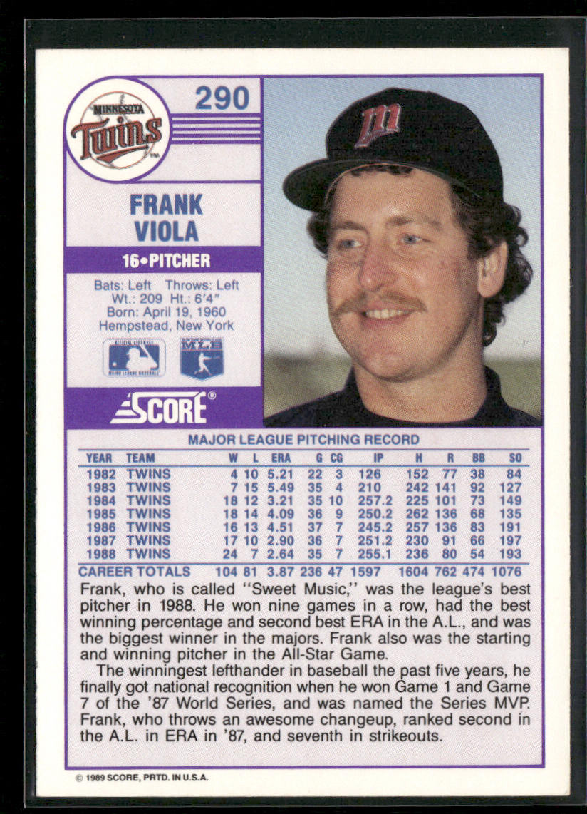 Frank Viola 1989 Score #290 Minnesota Twins