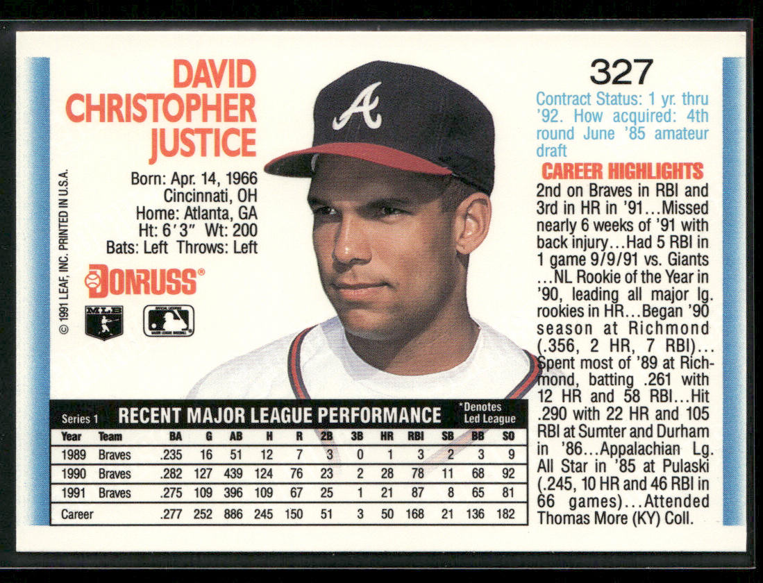 Dave Justice 1992 Donruss #327 Atlanta Braves back