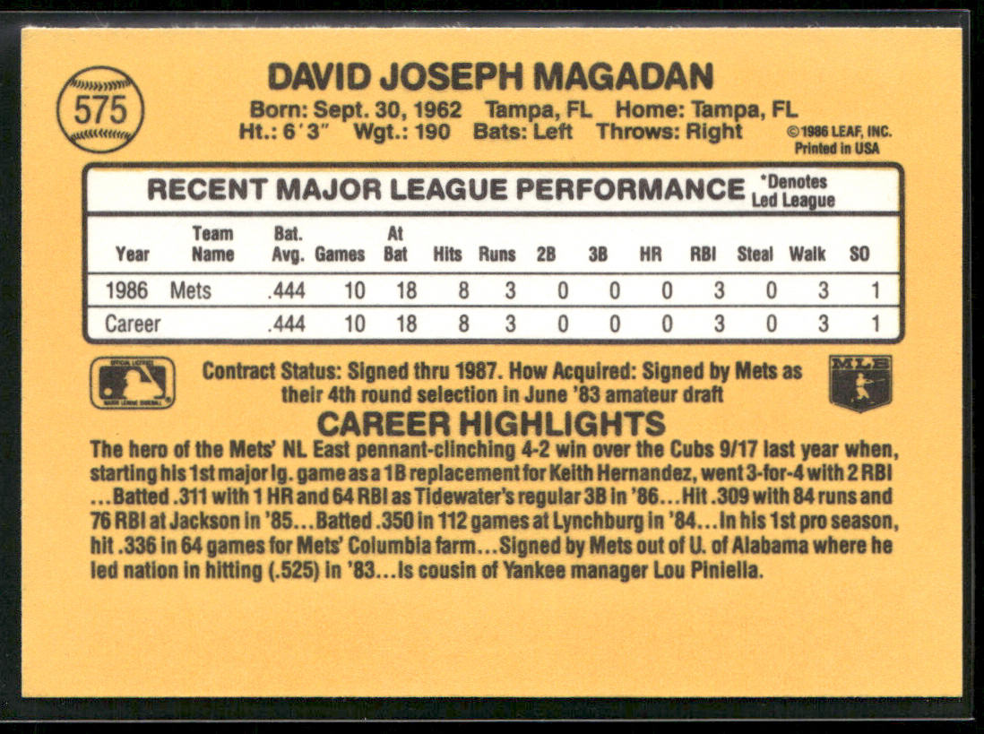 Dave Magadan 1987 Donruss #575 RC New York Mets back