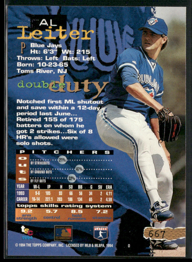 Al Leiter 1994 Stadium Club #667 Toronto Blue Jays back