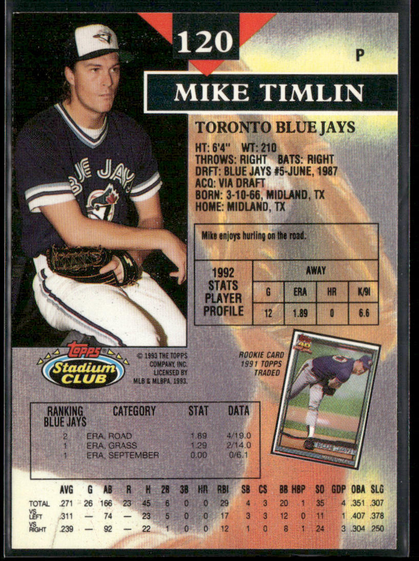 Mike Timlin 1993 Stadium Club #120 Toronto Blue Jays back