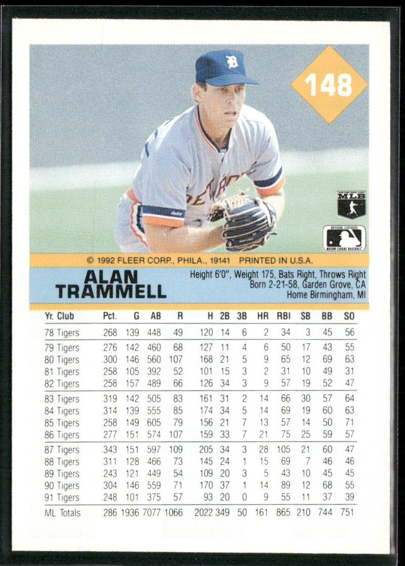 Alan Trammell 1992 Fleer #148b Detroit Tigers