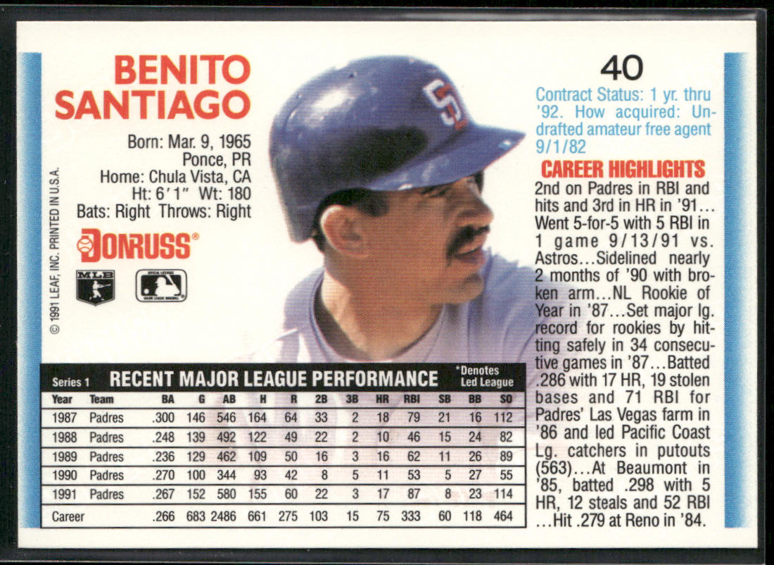 Benito Santiago 1992 Donruss #40b San Diego Padres