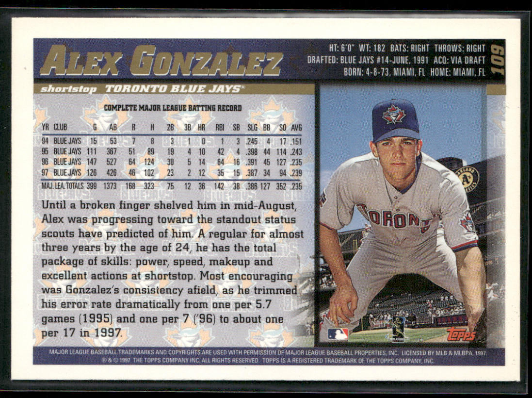 Alex Gonzalez 1998 Topps #109 Toronto Blue Jays