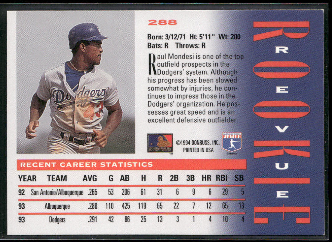 Raul Mondesi 1994 Triple Play #288 Los Angeles Dodgers back