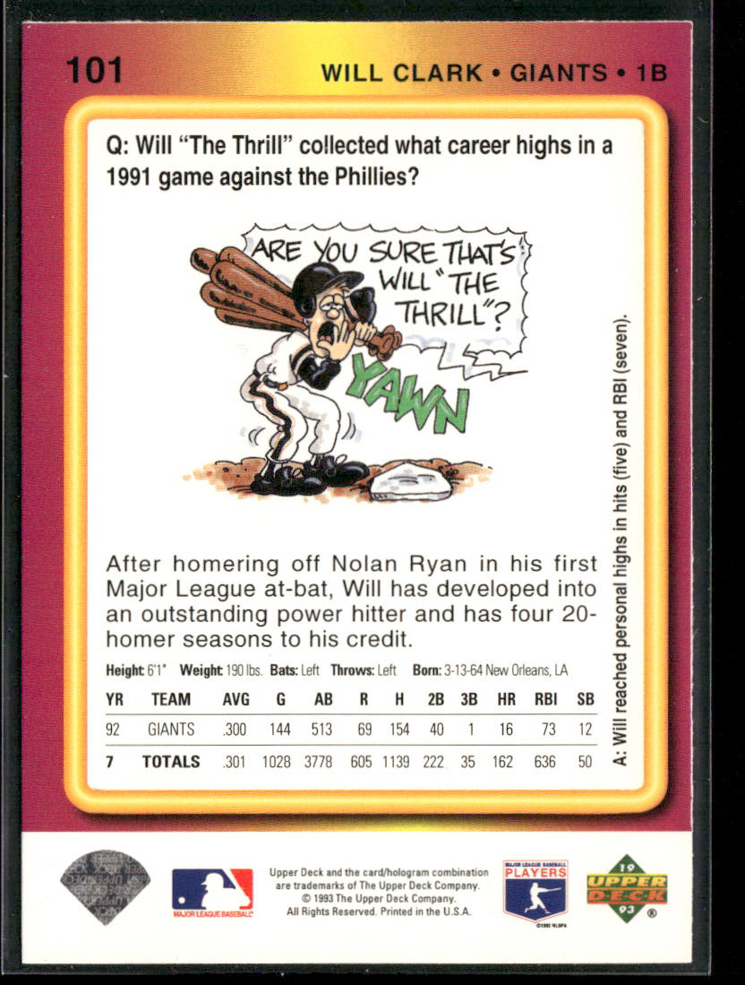 Will Clark 1993 Upper Deck Fun Pack #101 San Francisco Giants