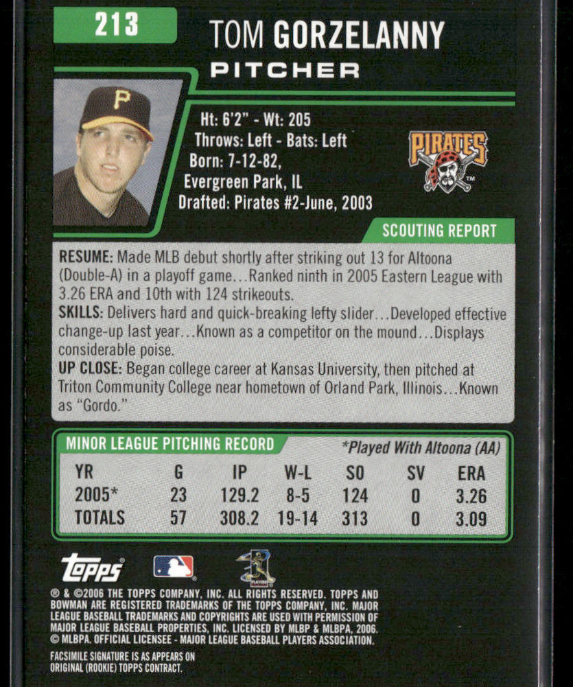 Tom Gorzelanny 2006 Bowman #213 Pittsburgh Pirates