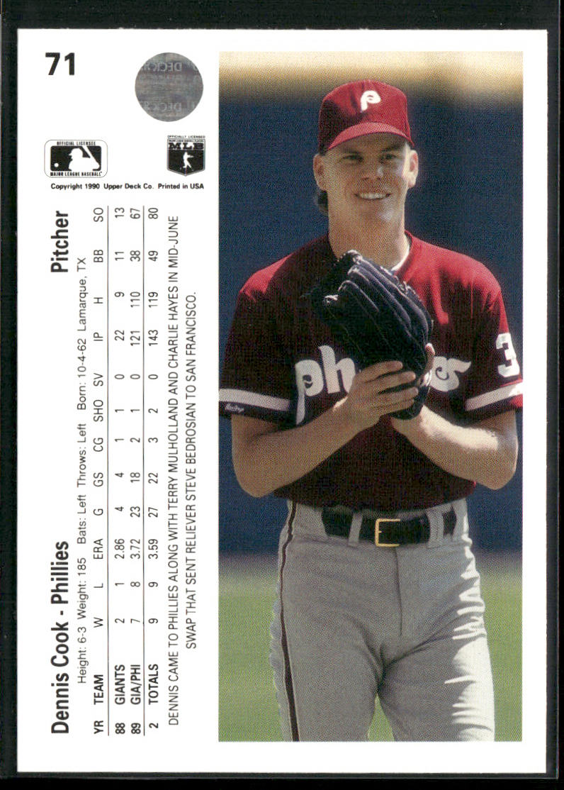 Dennis Cook 1990 Upper Deck #71 Philadelphia Phillies