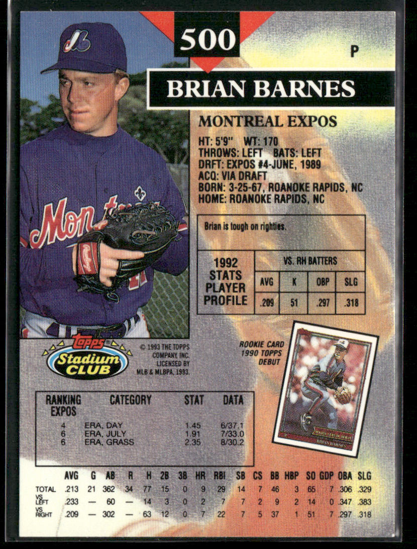 Brian Barnes 1993 Stadium Club #500 Montreal Expos