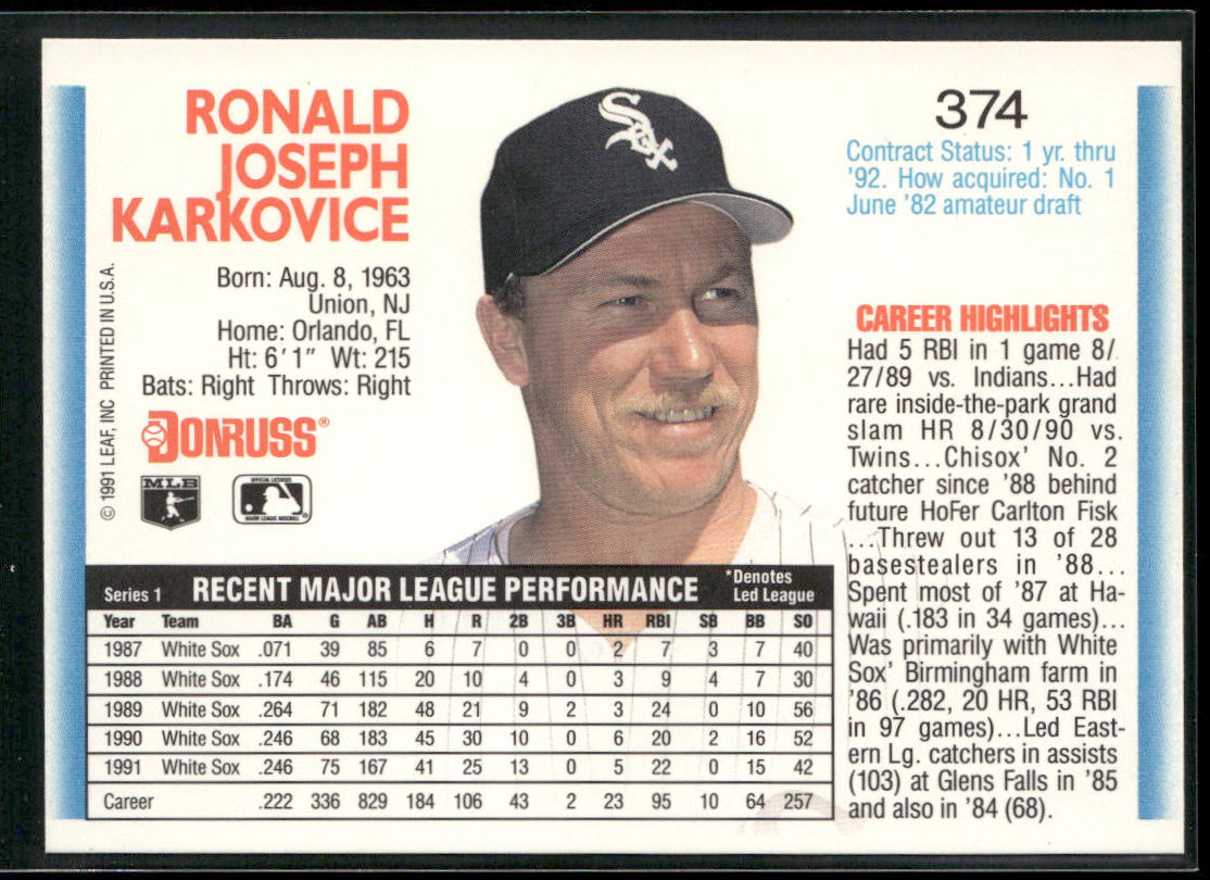 Ron Karkovice 1992 Donruss #374 Chicago White Sox back