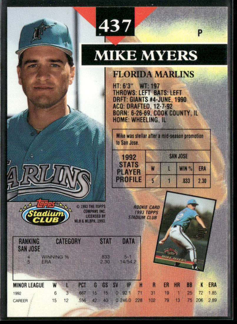 Mike Myers 1993 Stadium Club #437 RC Florida Marlins