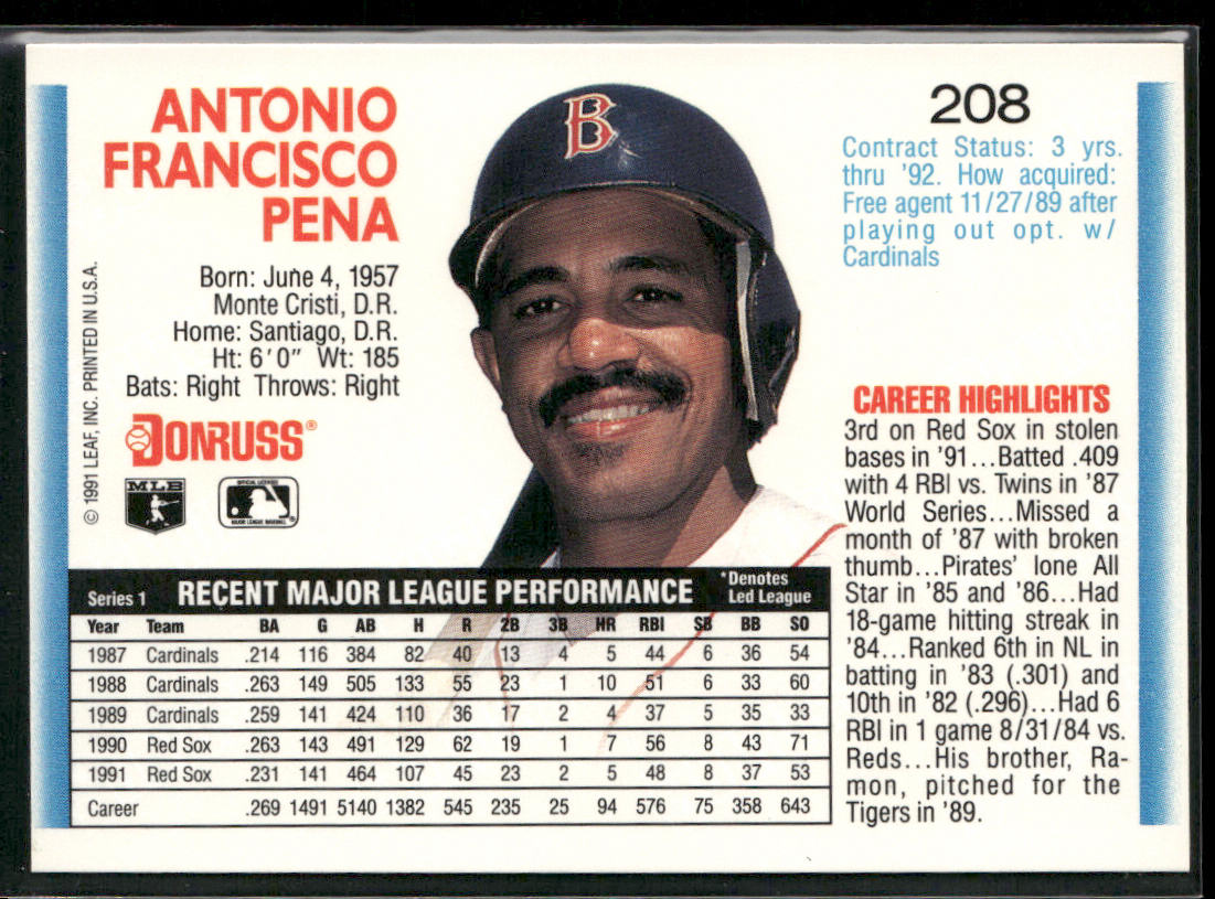 Tony Pena 1992 Donruss #208 Boston Red Sox back