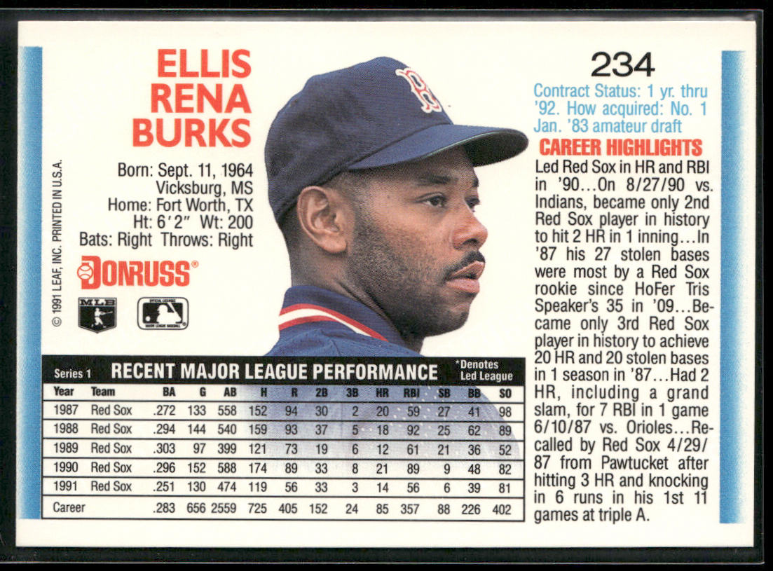 Ellis Burks 1992 Donruss #234 Boston Red Sox back