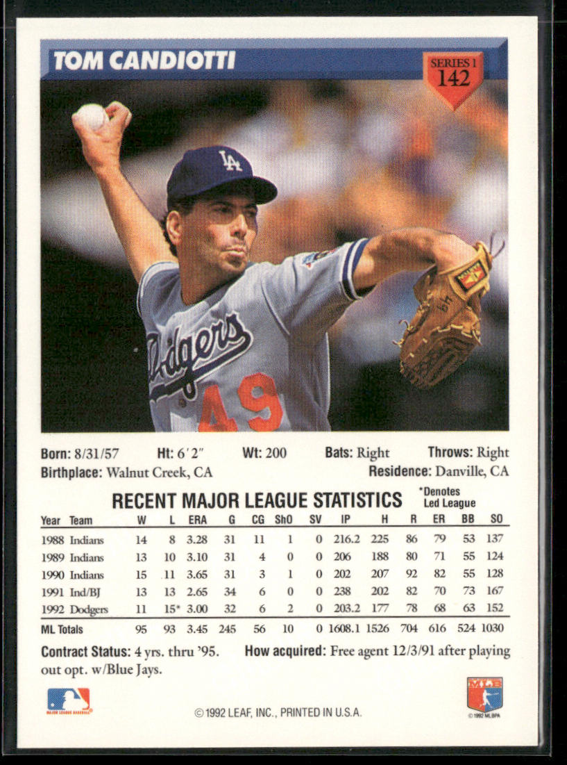 Tom Candiotti 1993 Donruss #142 Los Angeles Dodgers back