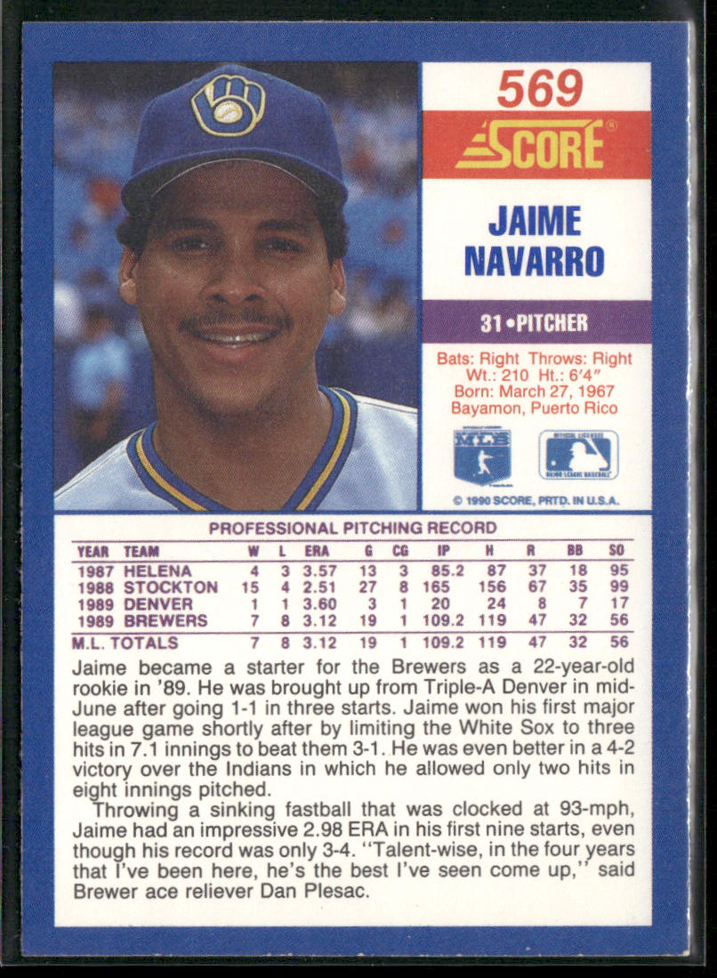 Jaime Navarro 1990 Score #569 Milwaukee Brewers