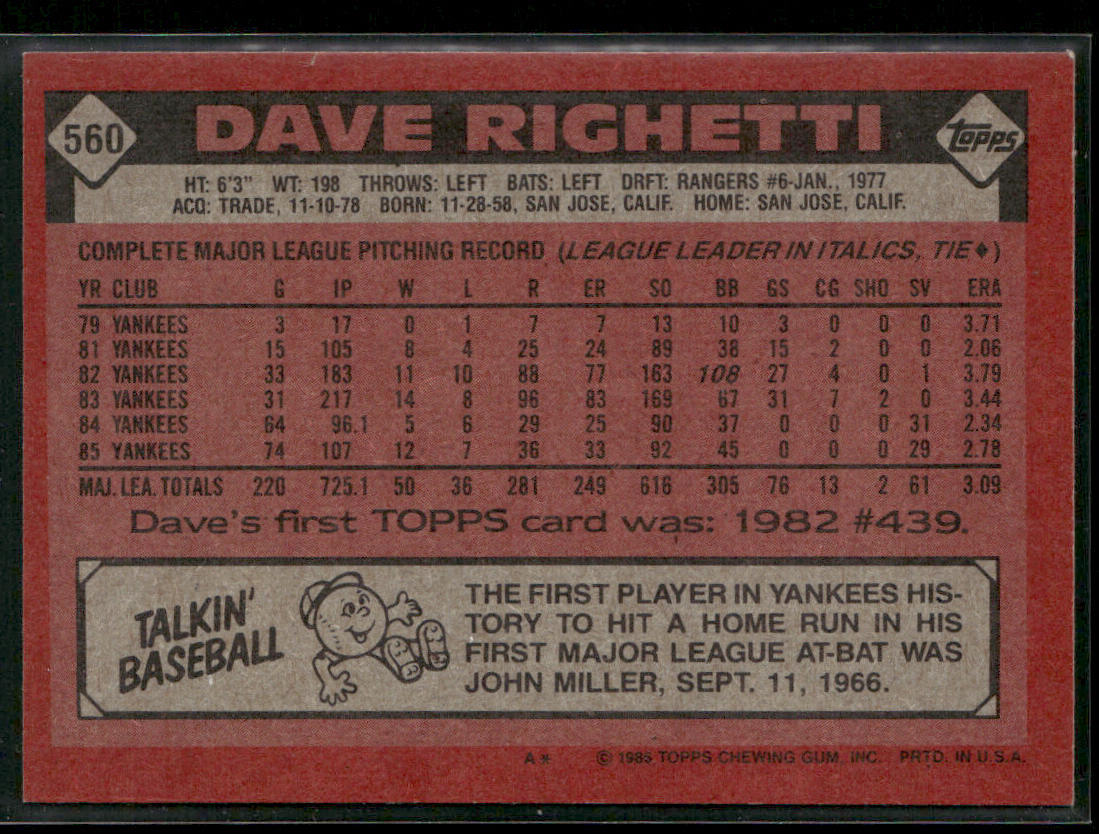 Dave Righetti 1986 Topps #560 New York Yankees back