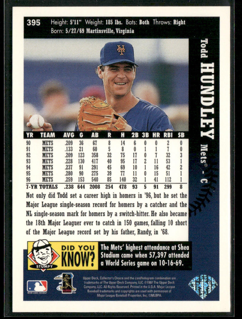 Todd Hundley 1997 Collector's Choice #395 New York Mets back