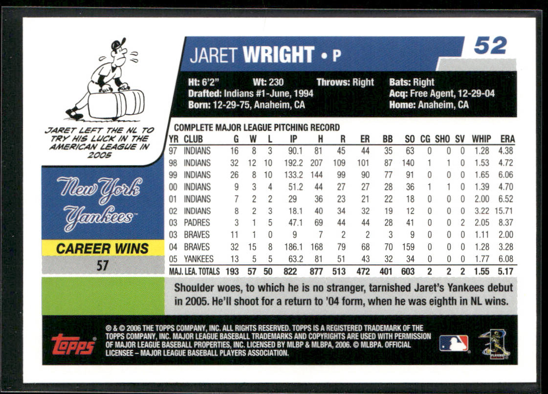 Jaret Wright 2006 Topps #52 New York Yankees back