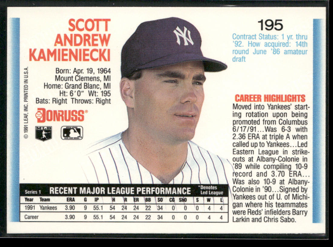 Scott Kamieniecki 1992 Donruss #195b New York Yankees back