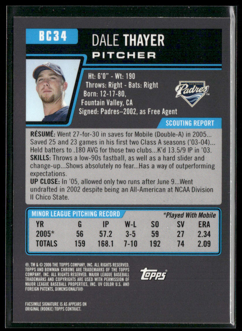 Dale Thayer 2006 Bowman Chrome Prospects #BC34 San Diego Padres