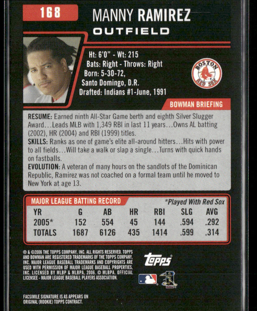Manny Ramirez 2006 Bowman #168 Boston Red Sox