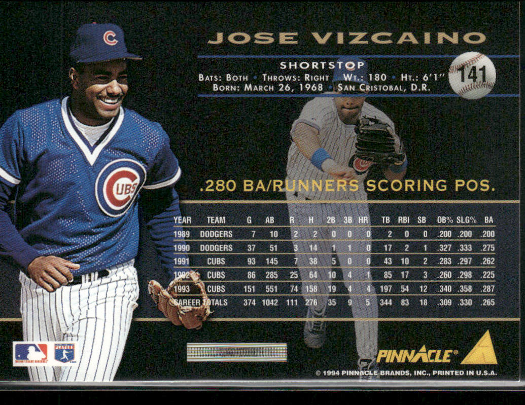 Jose Vizcaino 1994 Pinnacle #141 Chicago Cubs