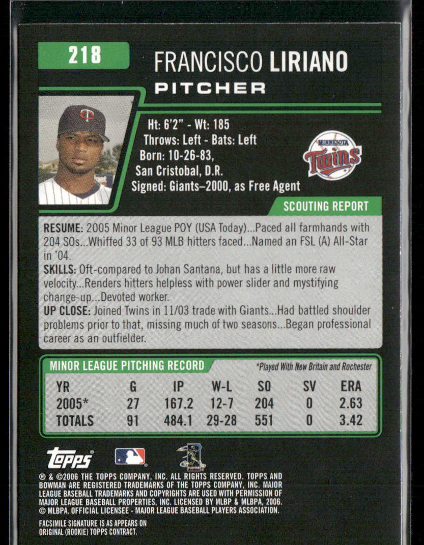 Francisco Liriano 2006 Bowman #218 Minnesota Twins