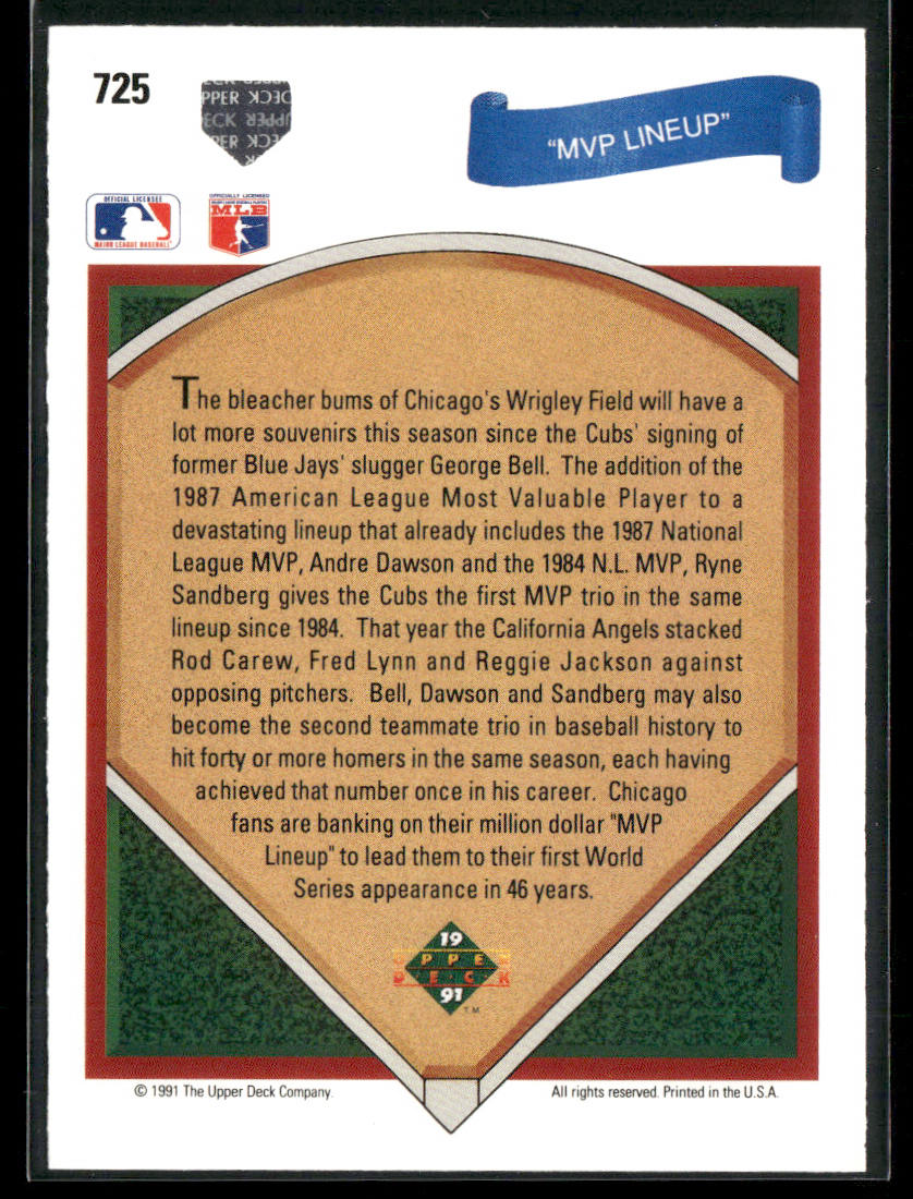 MVP Lineup (Andre Dawson / Bell / Sandberg) 1991 Upper Deck #725b Chicago Cubs