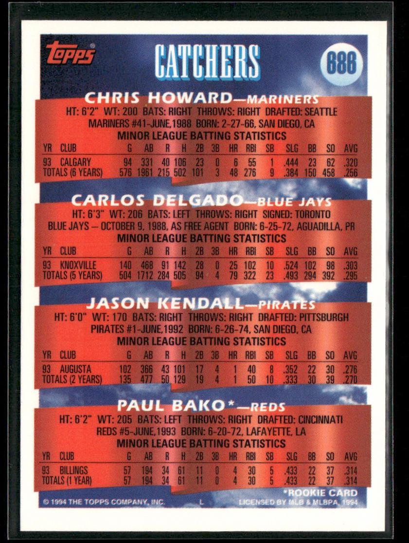 C Prospects (Howard / Delgado / Kendall / Bako) PROS, RC 1994 Topps #686 back