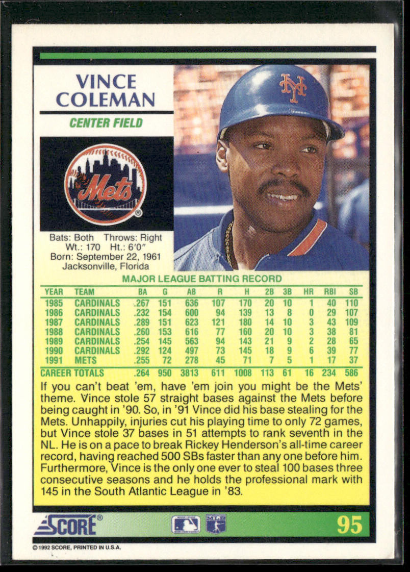 Vince Coleman 1992 Score #95 New York Mets
