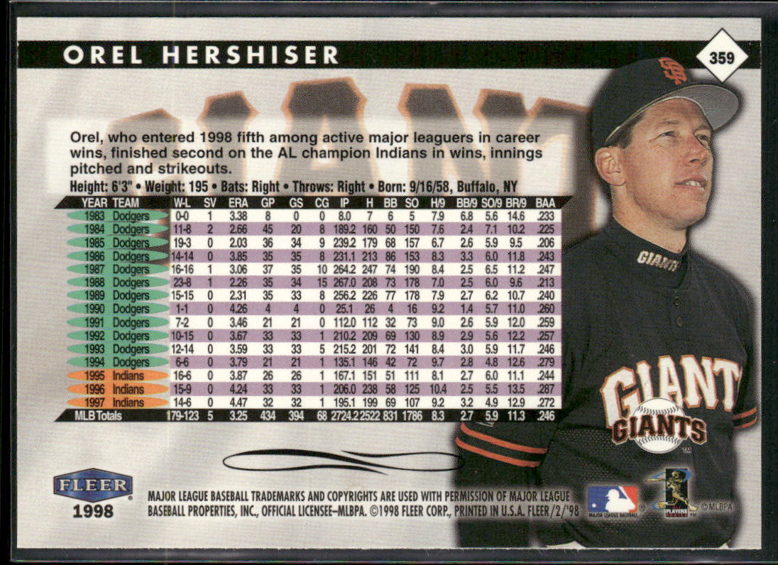 Orel Hershiser 1998 Fleer Tradition #359 San Francisco Giants