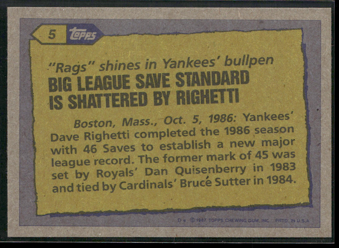 Dave Righetti 1987 Topps #5 New York Yankees
